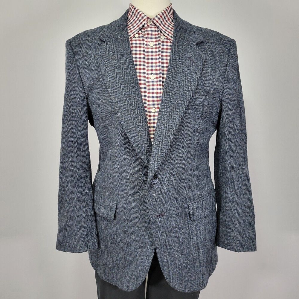 Town Craft Men's Tweed Sport Coat Blazer Two Button Navy Herringbone Wool 42R